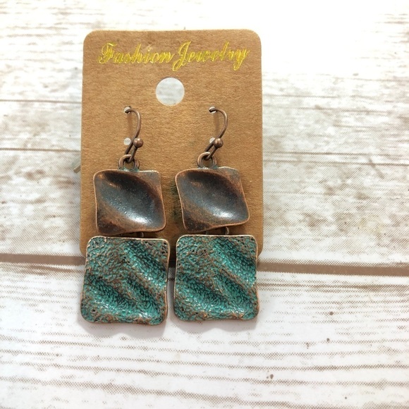 BOHO Simulated Copper Two Squares Dangling Earrings - Picture 1 of 3